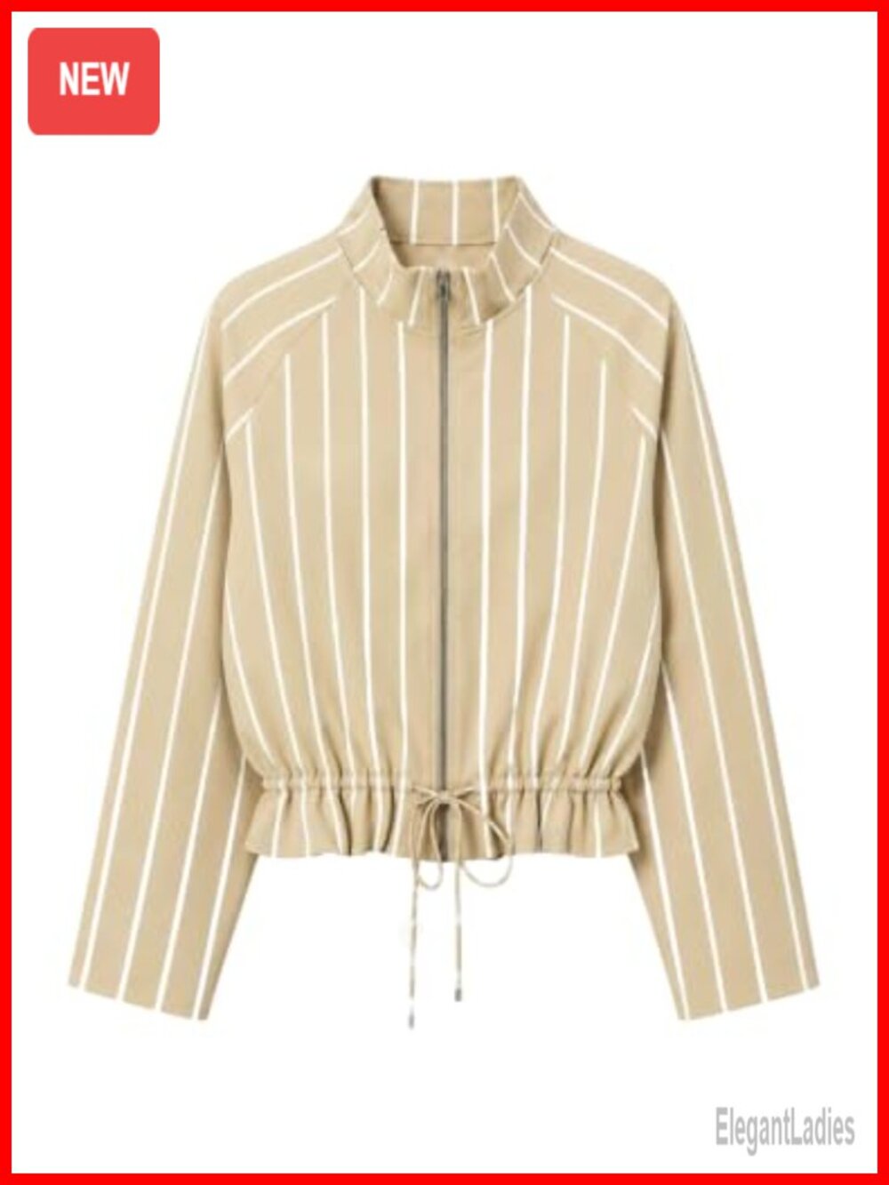 Stripe Ruffle Hem Bomber Jacket Funnel Neck Zip Up Cropped Coat